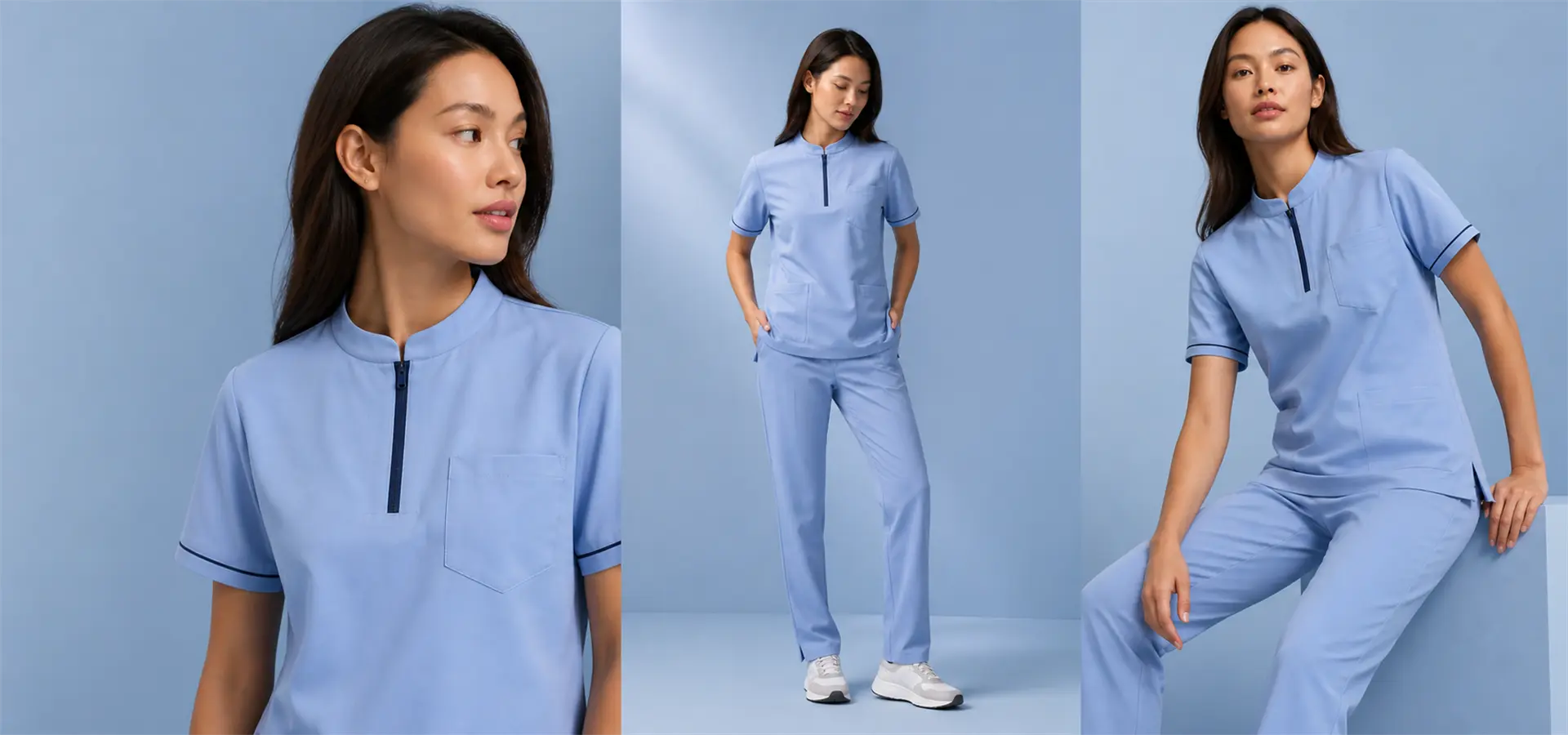 Model wearing HITO light blue zip-neck scrub set