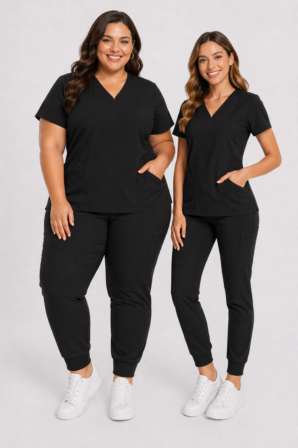 HITO CS3 black notched V-neck scrub set with cargo joggers