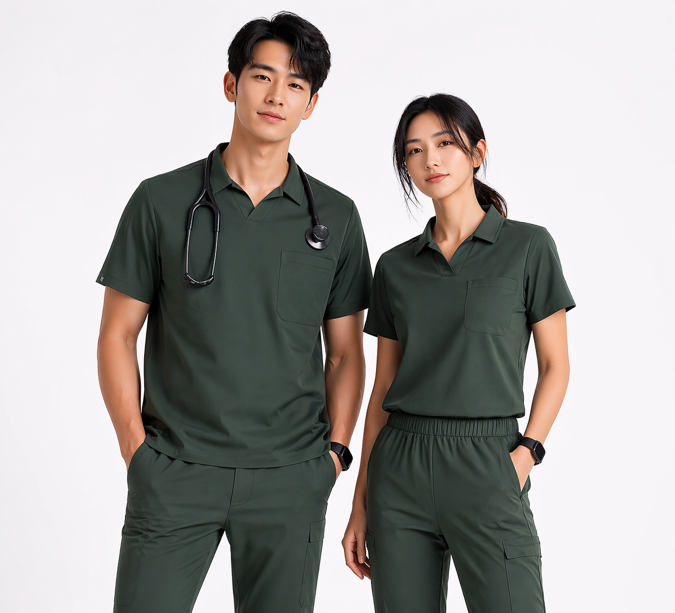 HITO FG2 army green polo-collar scrub set with cargo joggers