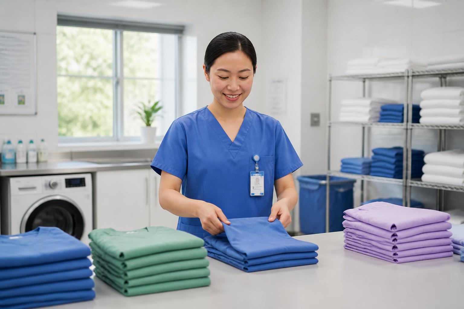Asian nurse folding freshly laundered scrub sets in a clean hospital laundry room