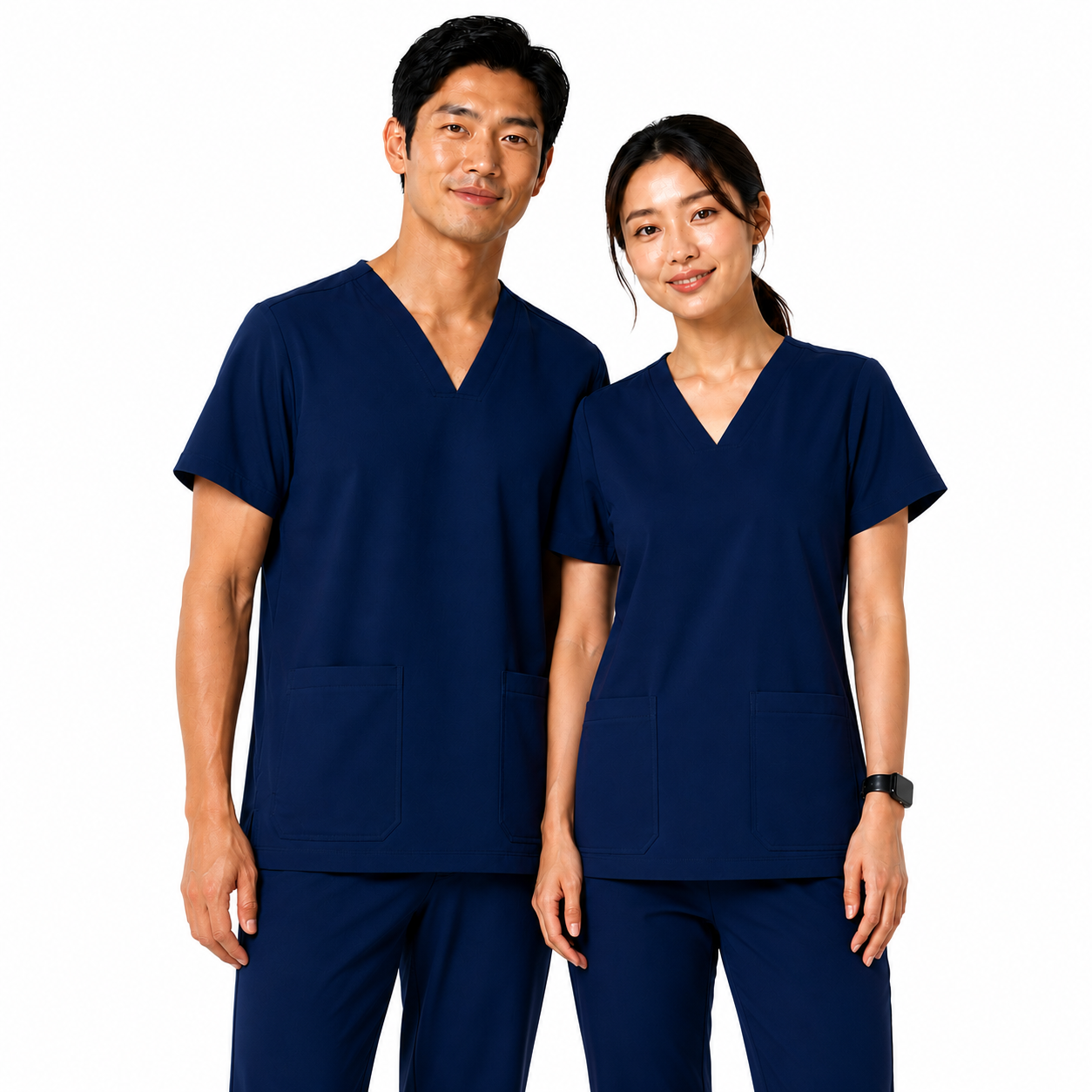 HITO FG1 navy blue V-neck scrub set worn by a male and a female model