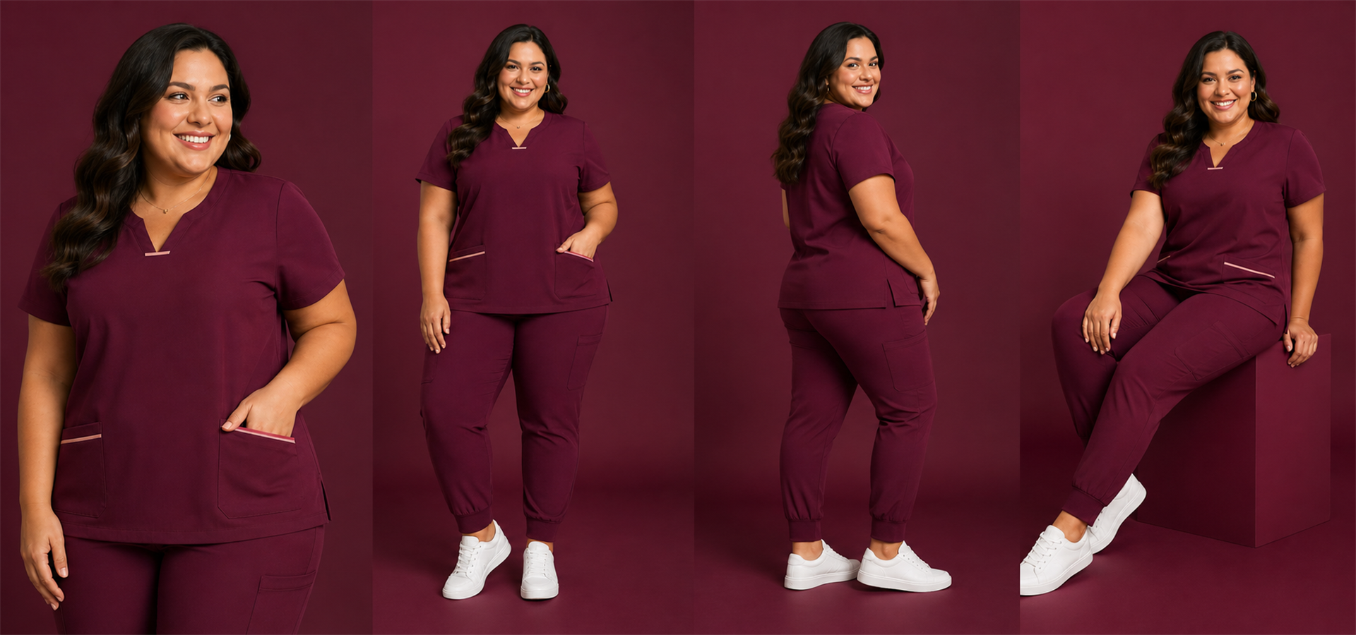 Model wearing HITO burgundy scrub set with contrast pocket piping