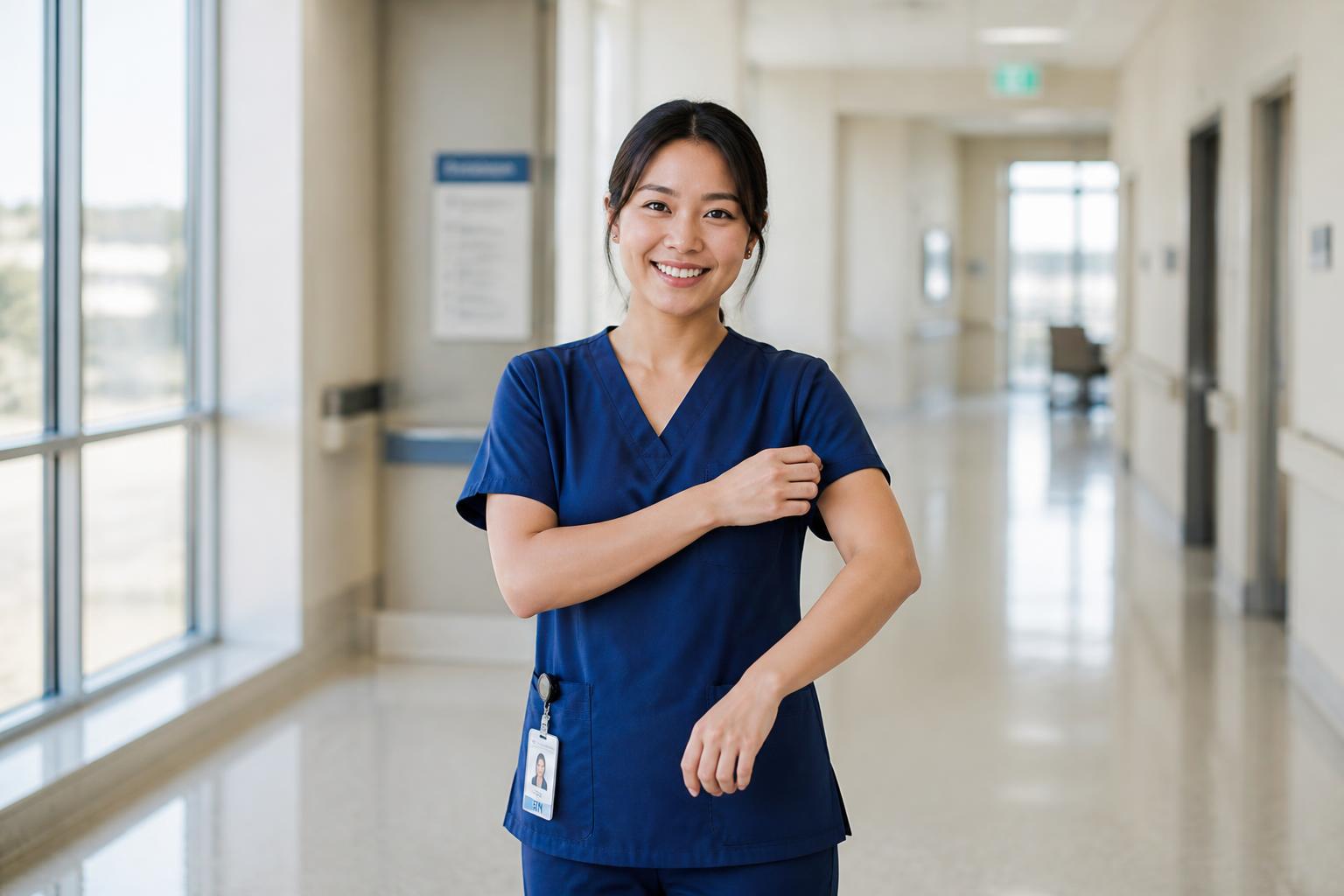 Asian nurse in a navy medical scrub uniform adjusting her scrub top in a hospital corridor