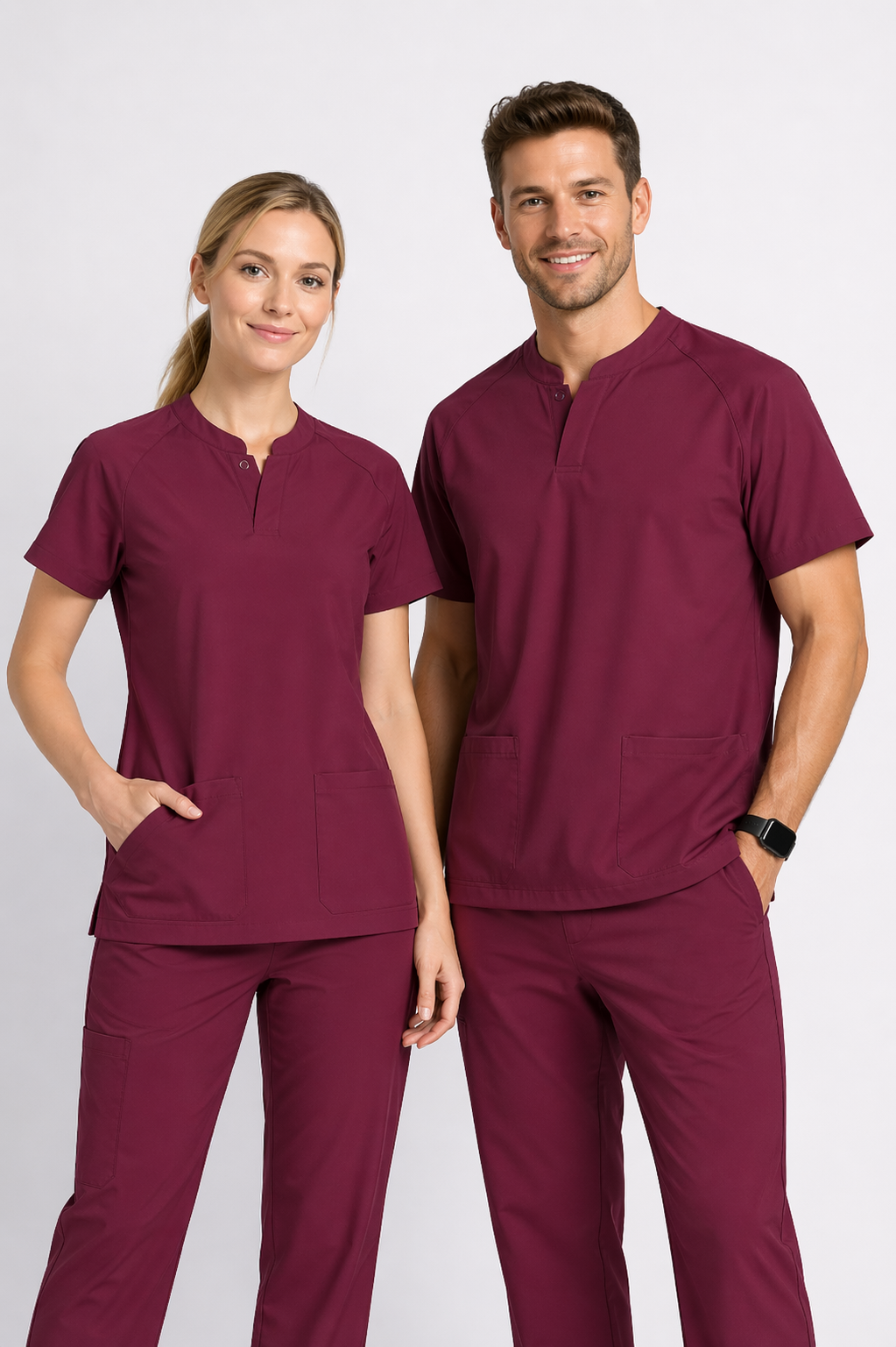 HITO FG3 burgundy scrub set with mandarin stand collar and cargo trousers