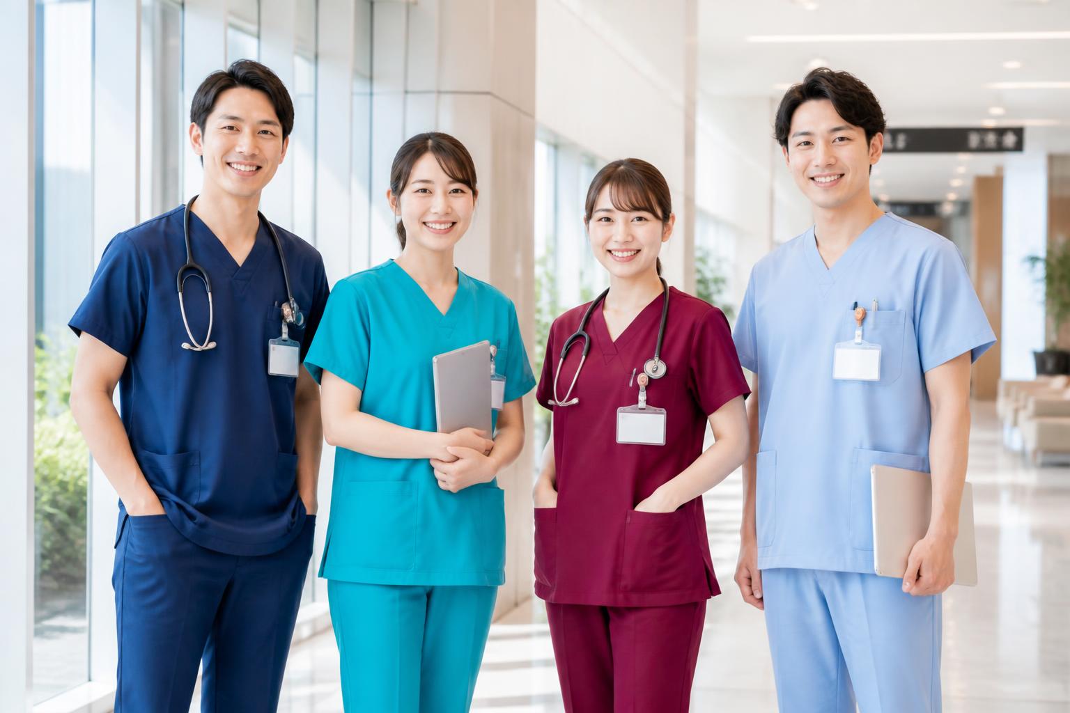 Four Asian healthcare professionals wearing navy, turquoise, burgundy and light blue scrub uniforms